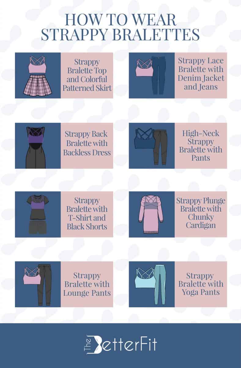 Graphic illustration of various images that shows different style ideas of how to wear strappy bralettes