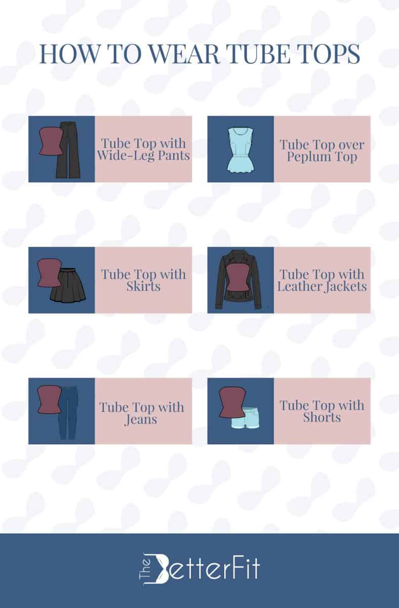 Graphic illustration of various images that shows the different ways of how to wear tube tops