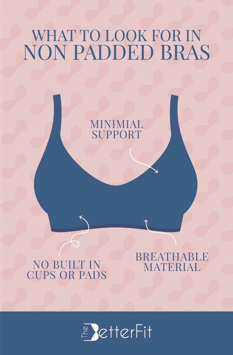 Graphic image of a blue bra that states that non padded bras are ideally made with breathable material and minimal support