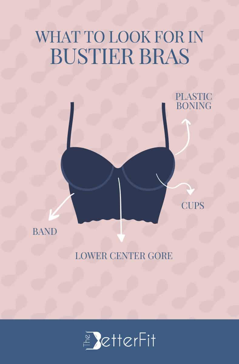 Graphic image of a blue bra that explains that the best bustier bras have lower center gore and plastic boning