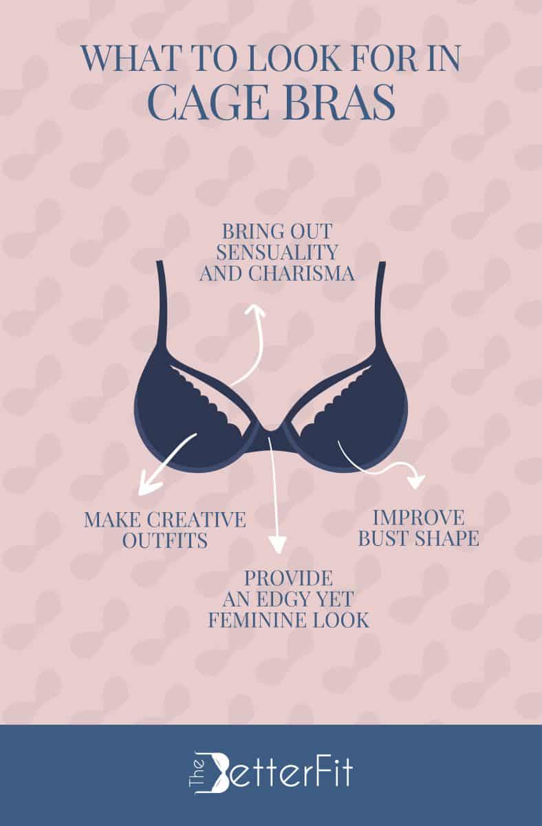 Graphic image of a blue bra that explains that the best cage bras improves bust shape and make outfits creative