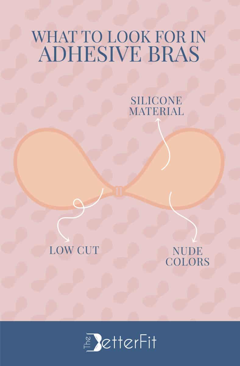 Graphic image of a nude colored bra that explains that the best adhesive bras are low cut and made from silicone