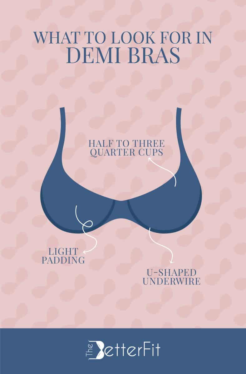 Graphic image of a blue bra stating that demi bras are made with light padding and u-shaped underwire