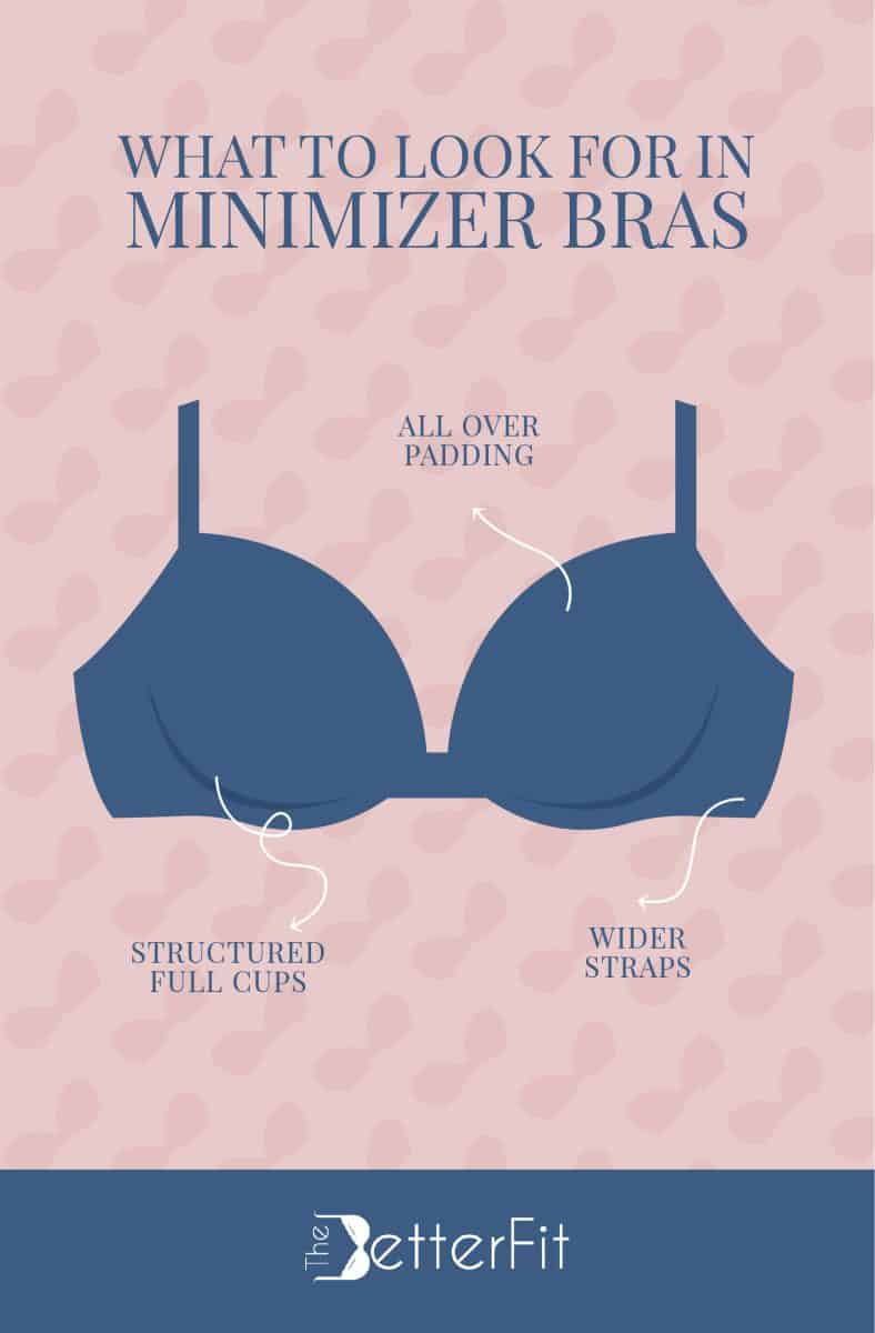 Graphic image of a blue bra that explains that ideally a minimizer bra should have wider straps and structured full cups