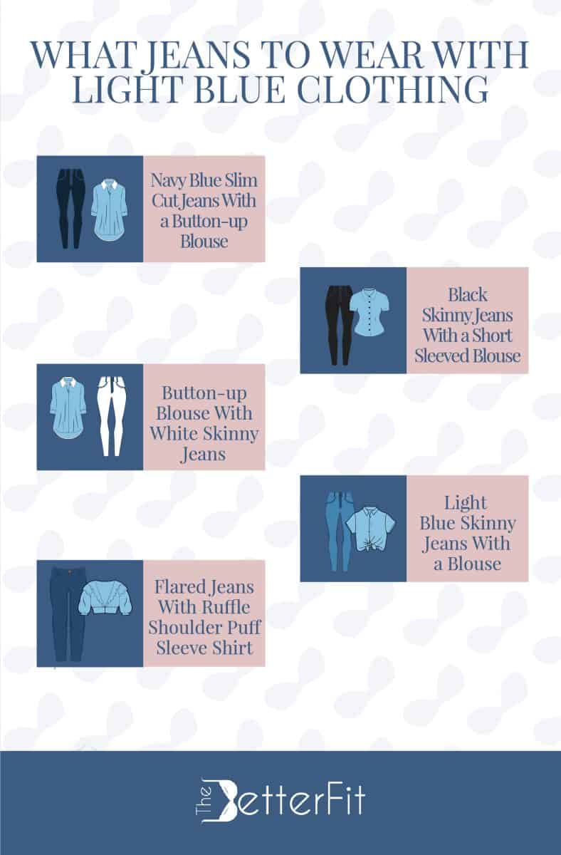 Graphic illustration of various pairing styles for jeans and light blue clothing