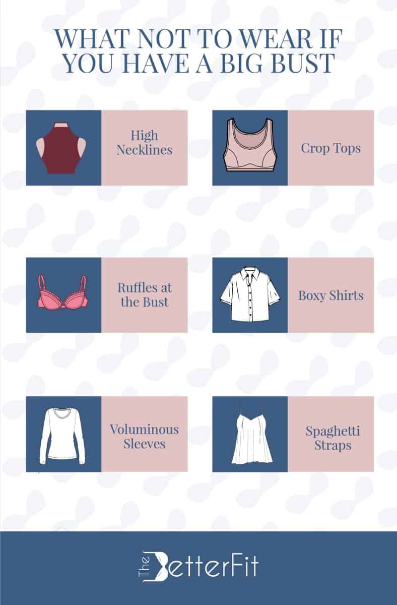 Graphic illustration that shows what not to wear if you have a big bust