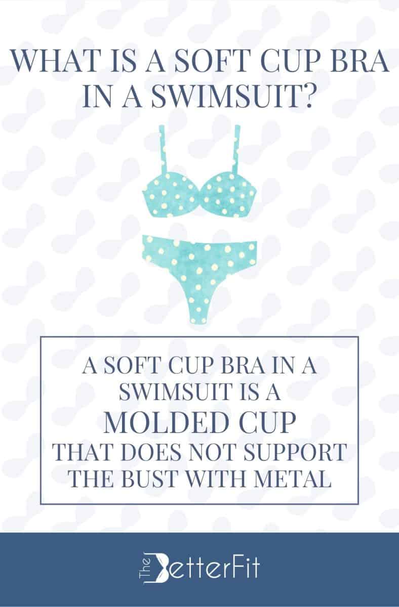 Graphic image of a green polka dot bikini that explains that a soft cup bra in a swimsuit is a molded cup