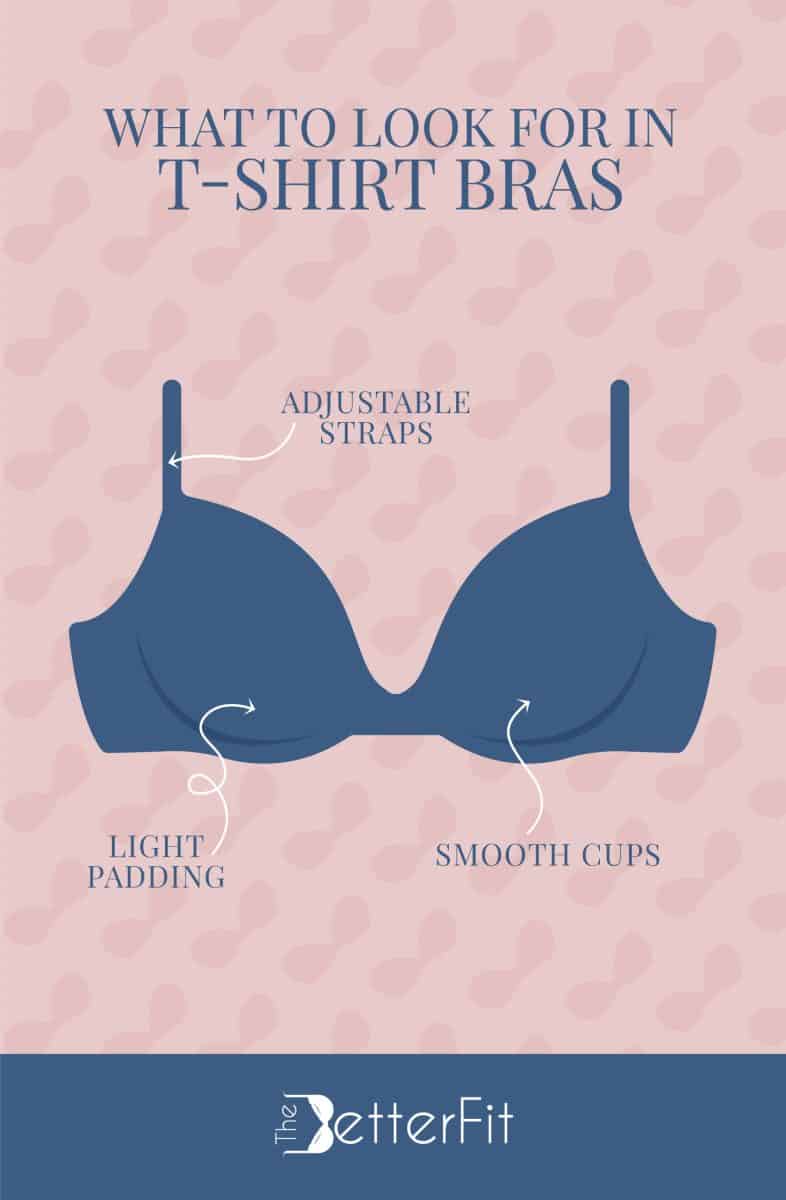 Graphic image of a blue bra that explains that the best t-shirt bras have smooth cups and adjustable straps