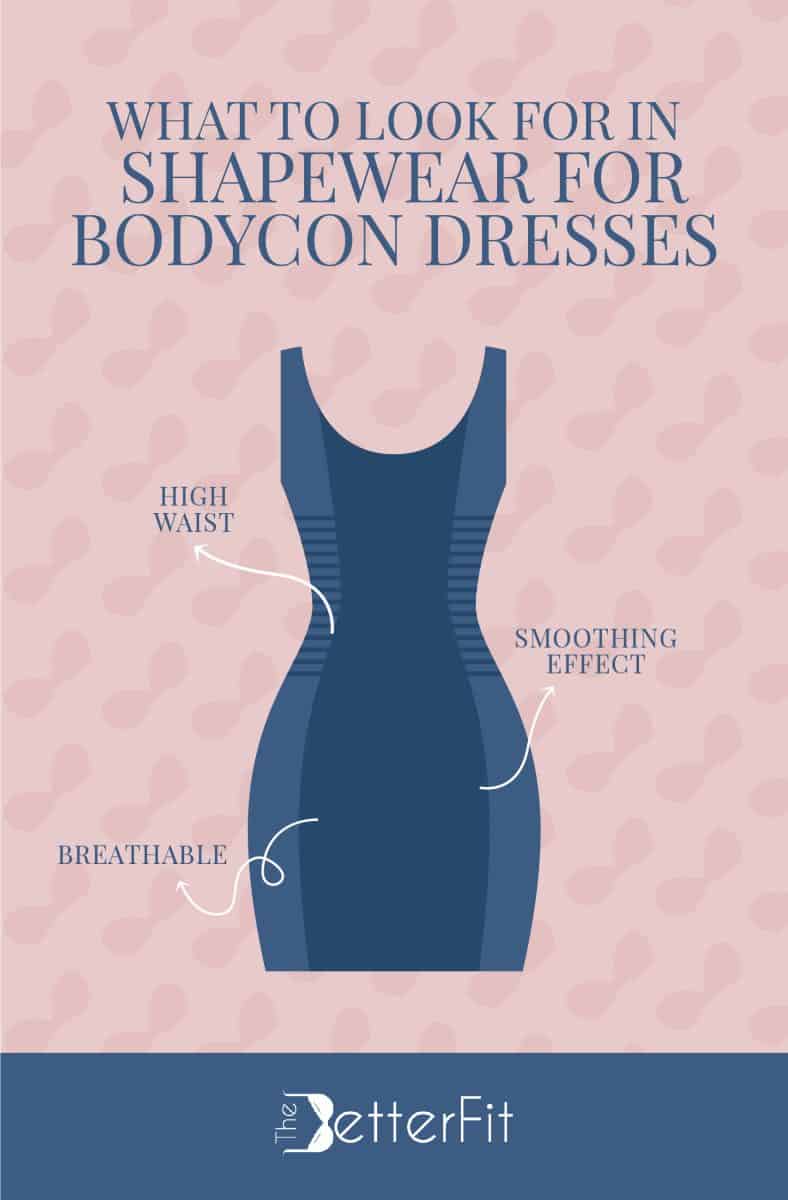 Graphic image of a blue dress that explains that the best shapewear for bodycon dresses have high waist and breathable fabric