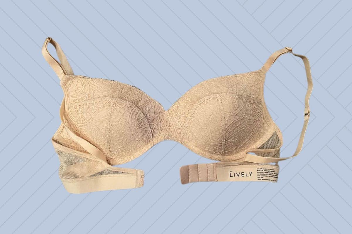Lively push-up underwire bra with adjustable straps and lace design placed on a purple background
