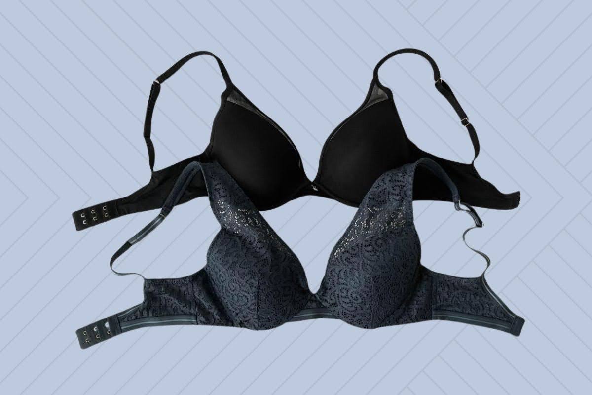 Thirdlove bras in black and blue color with underwire and adjustable straps placed on purple background