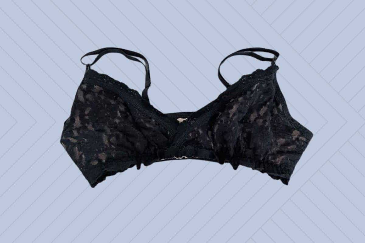 Hanky Panky black bra with thin straps and floral design placed on a purple background