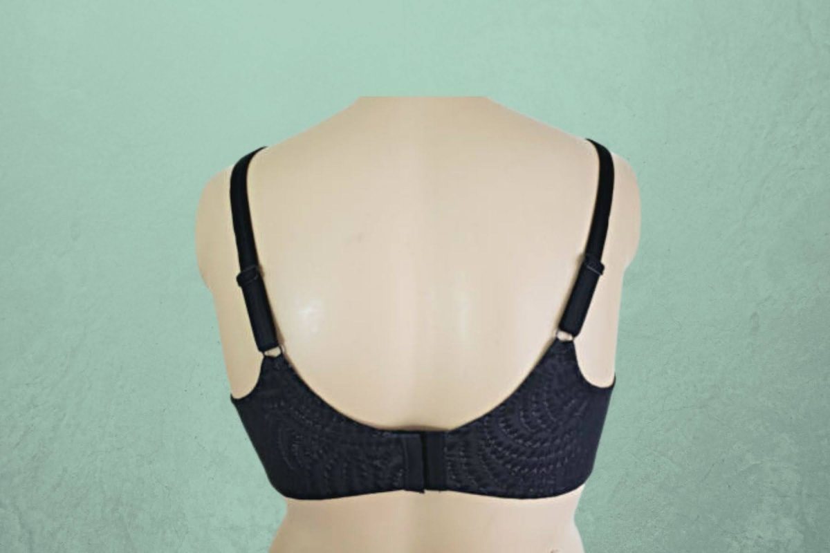 Back view of a black bra with broad panels on the side and the back placed on a mannequin