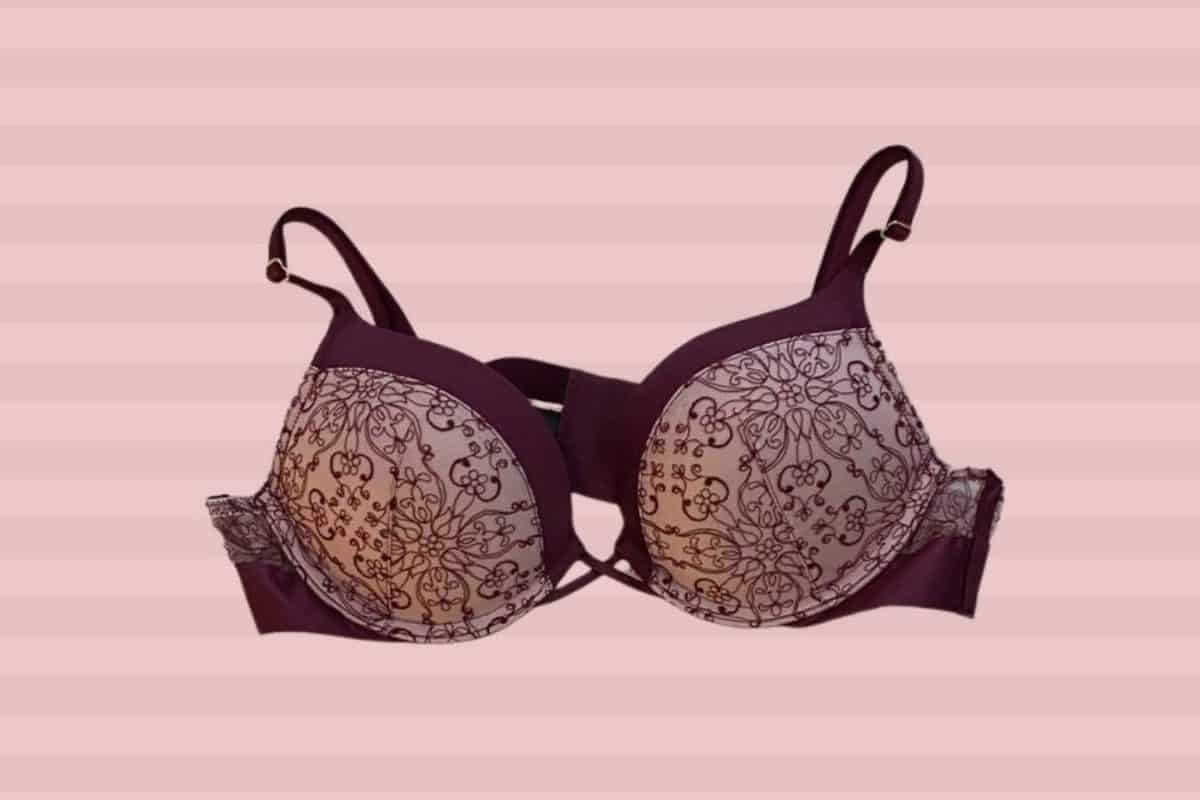 Maroon plunge bra with floral design and adjustable straps on a striped pink background