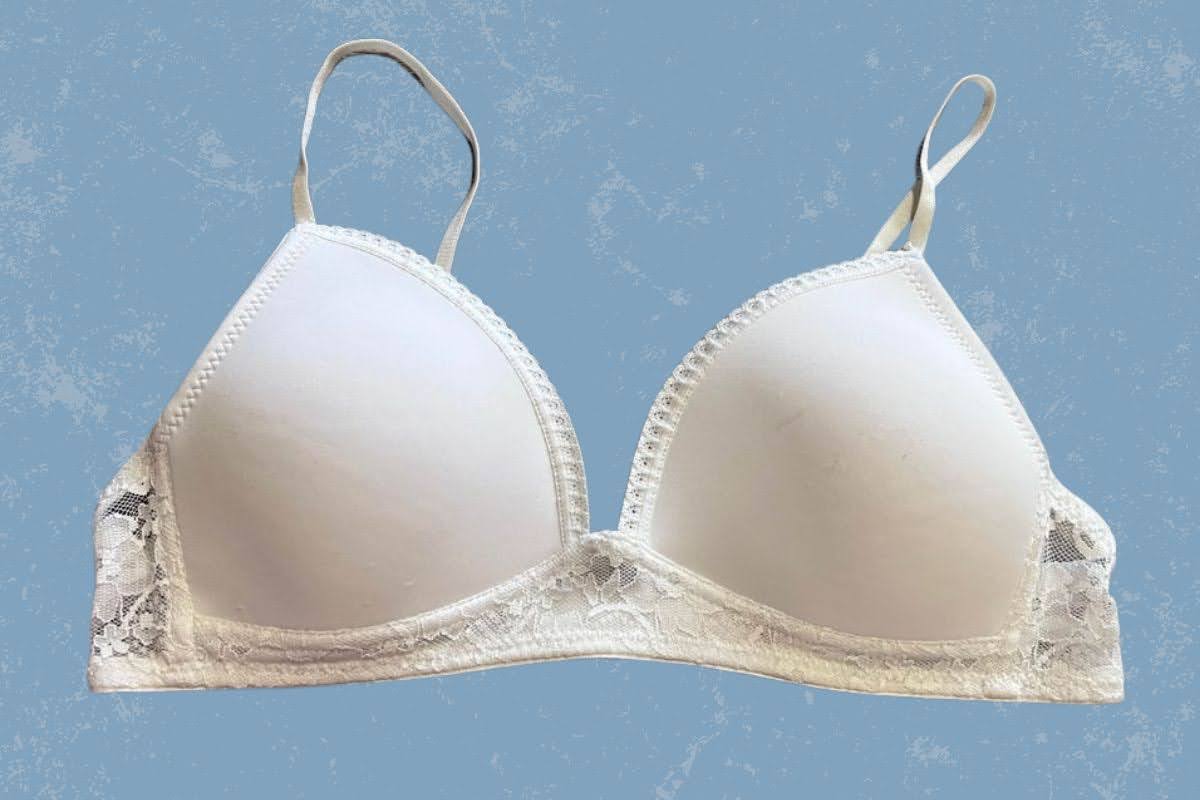 White non-wired bra with lace design and thin straps placed on a blue background