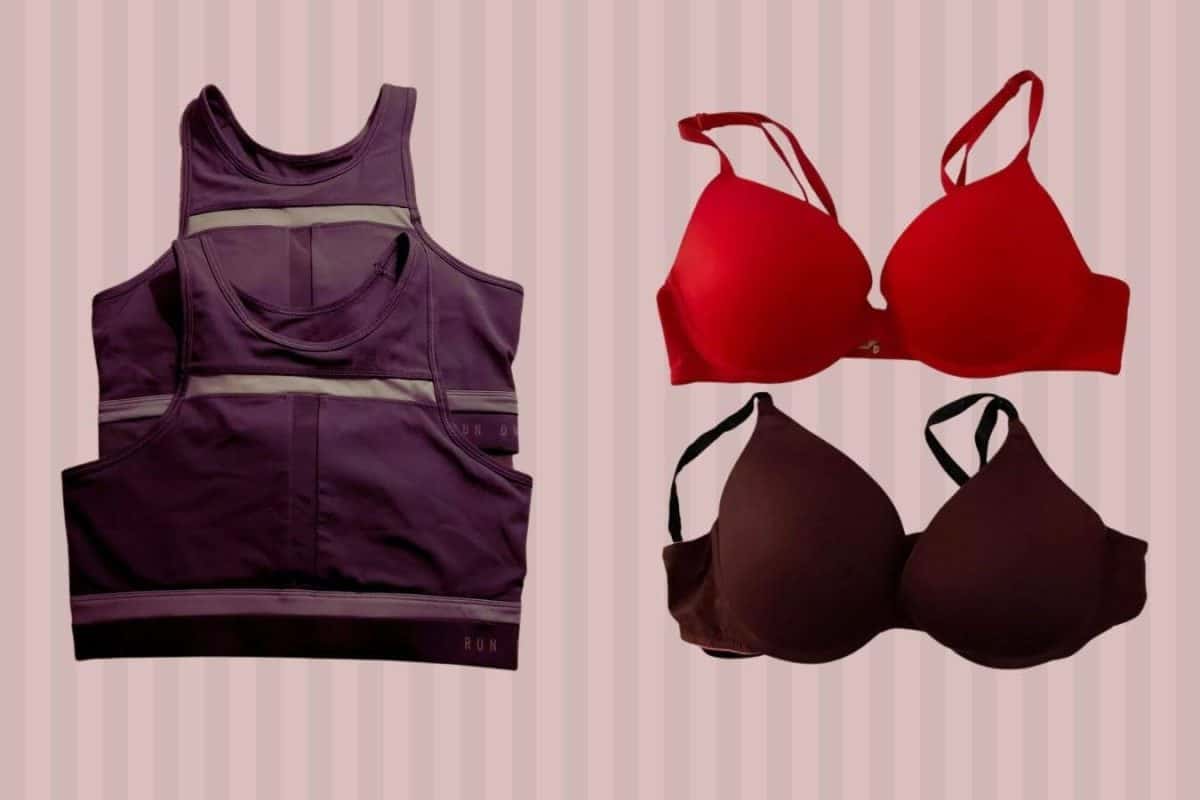 Two pieces of purple sports bras and two pieces of regular bras in red and brown color