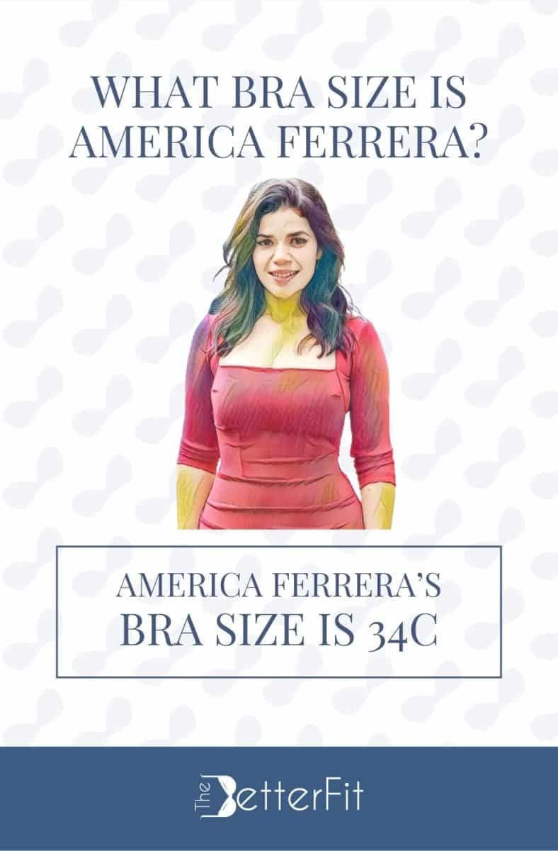 Graphic image of America Ferrera wearing a red bodycon dress with a bra size of 34C