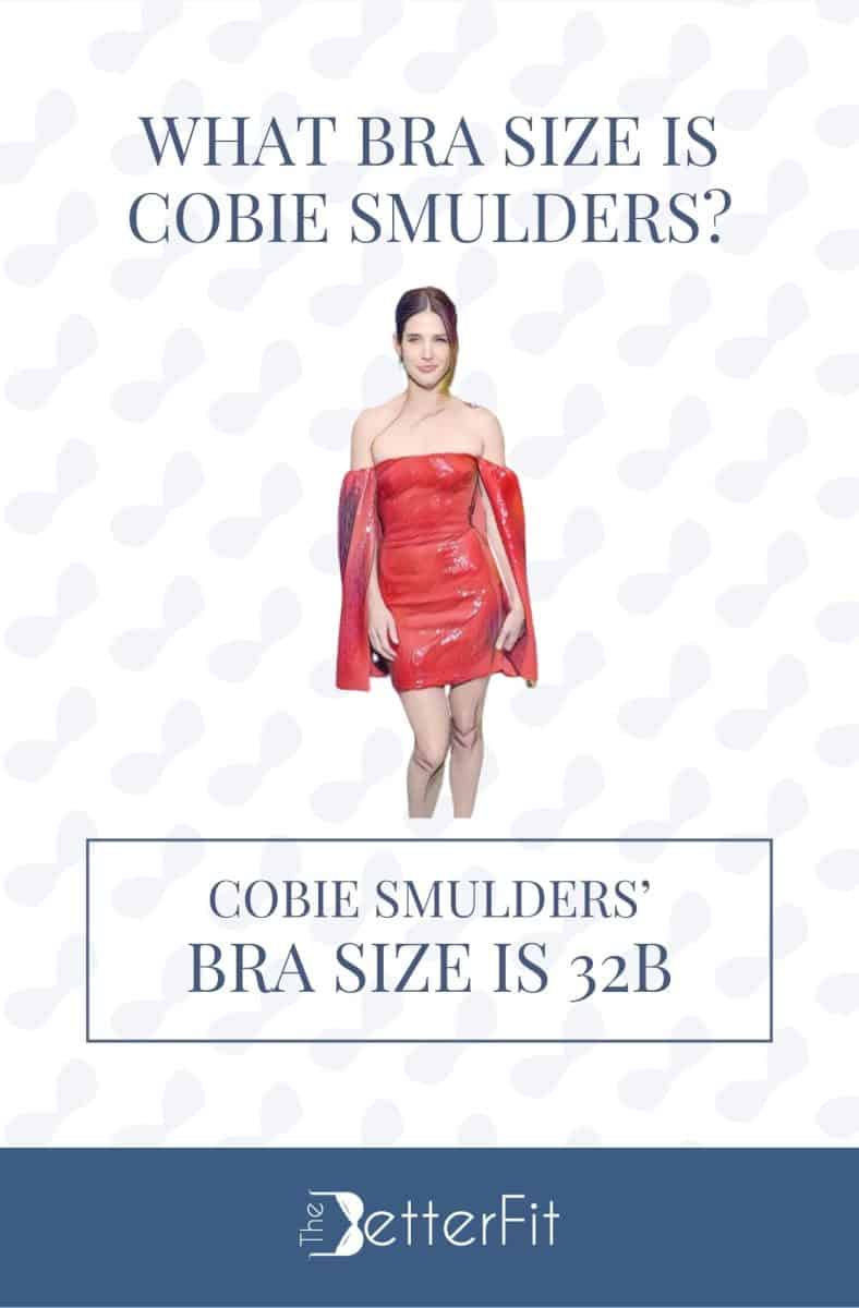 Graphic image of Cobie Smulders with 32B bra size wearing a strapless red sequin bodycon dress