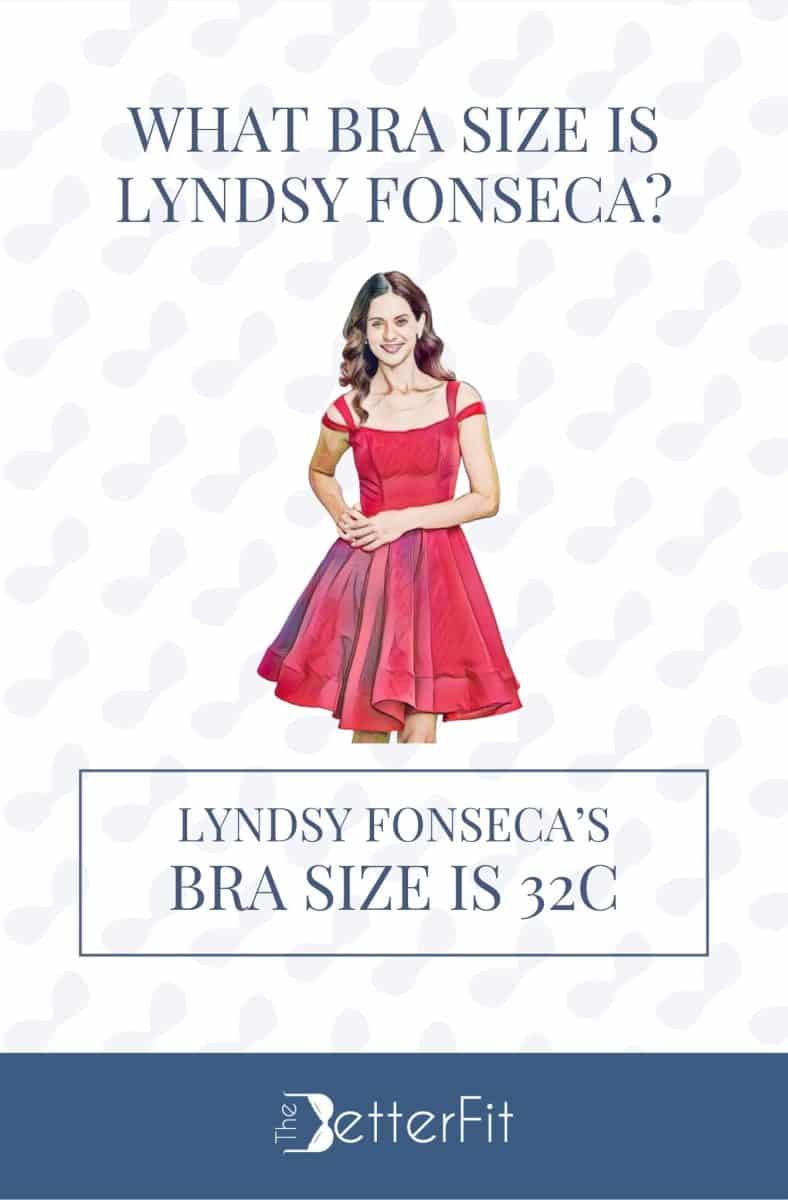Graphic image of Lyndsy Fonseca with 32C bra size wearing a red mini dress