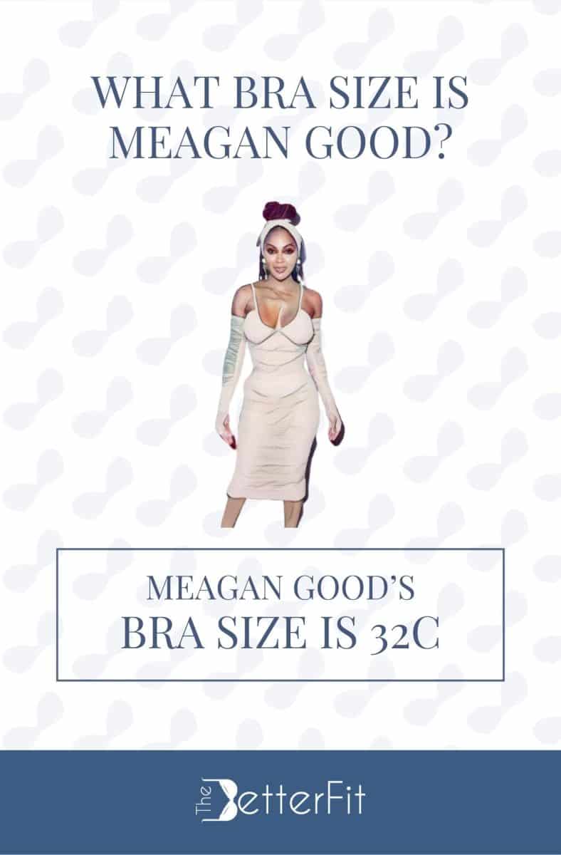 Graphic image of Meagan Good with 32C bra size wearing a spaghetti strap bodycon dress