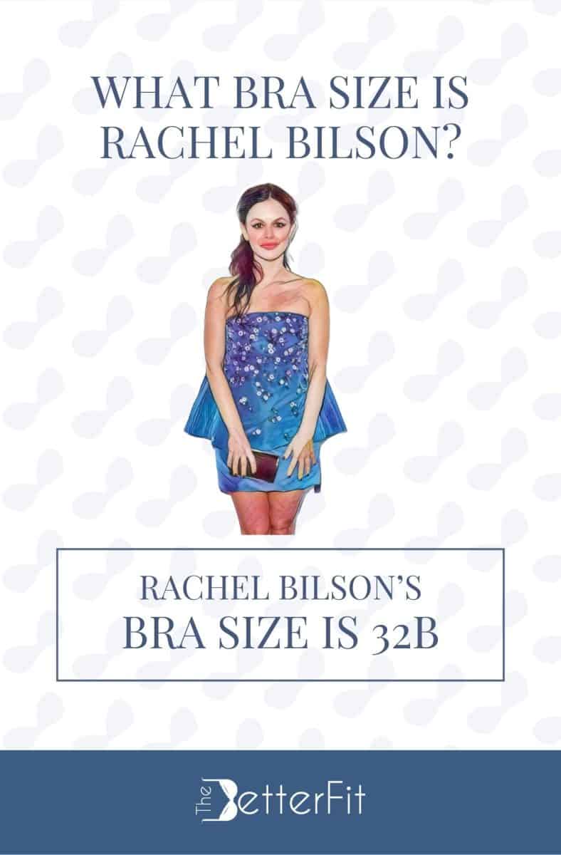 Graphic image of Rachel Bilson with 32B bra size wearing a blue strapless dress with a floral design
