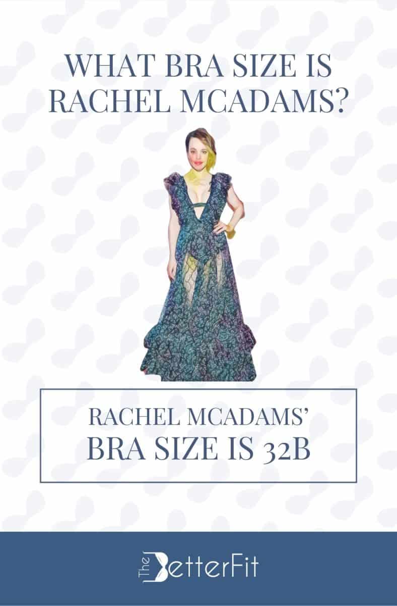 Graphic image of Rachel McAdams with 32B bra size wearing a ruffle v-neck dress