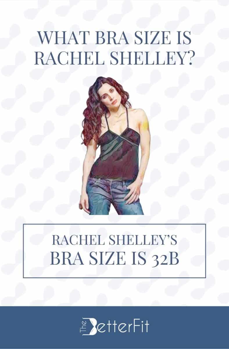 Graphic image of Rachel Shelley with 32B bra size wearing a spaghetti strap blouse and jeans