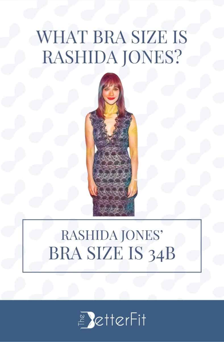 Graphic image of Rashida Jones with 34B bra size wearing a v-neck dress