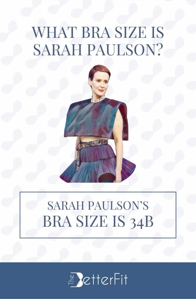 Graphic image of Sarah Paulson with 34B bra size wearing a square-shaped crop top and ruched skirt
