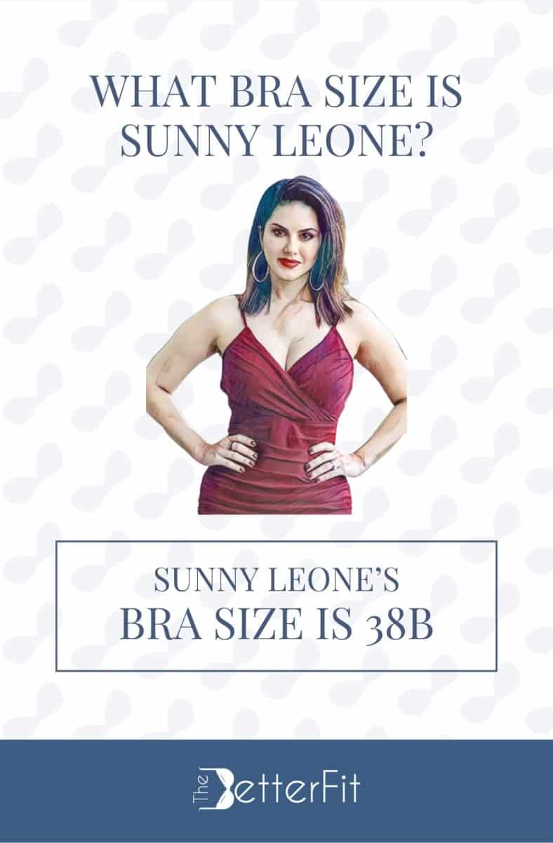 Graphic image of Sunny Leone with a bra size of 38B wearing a red spaghetti strap dress