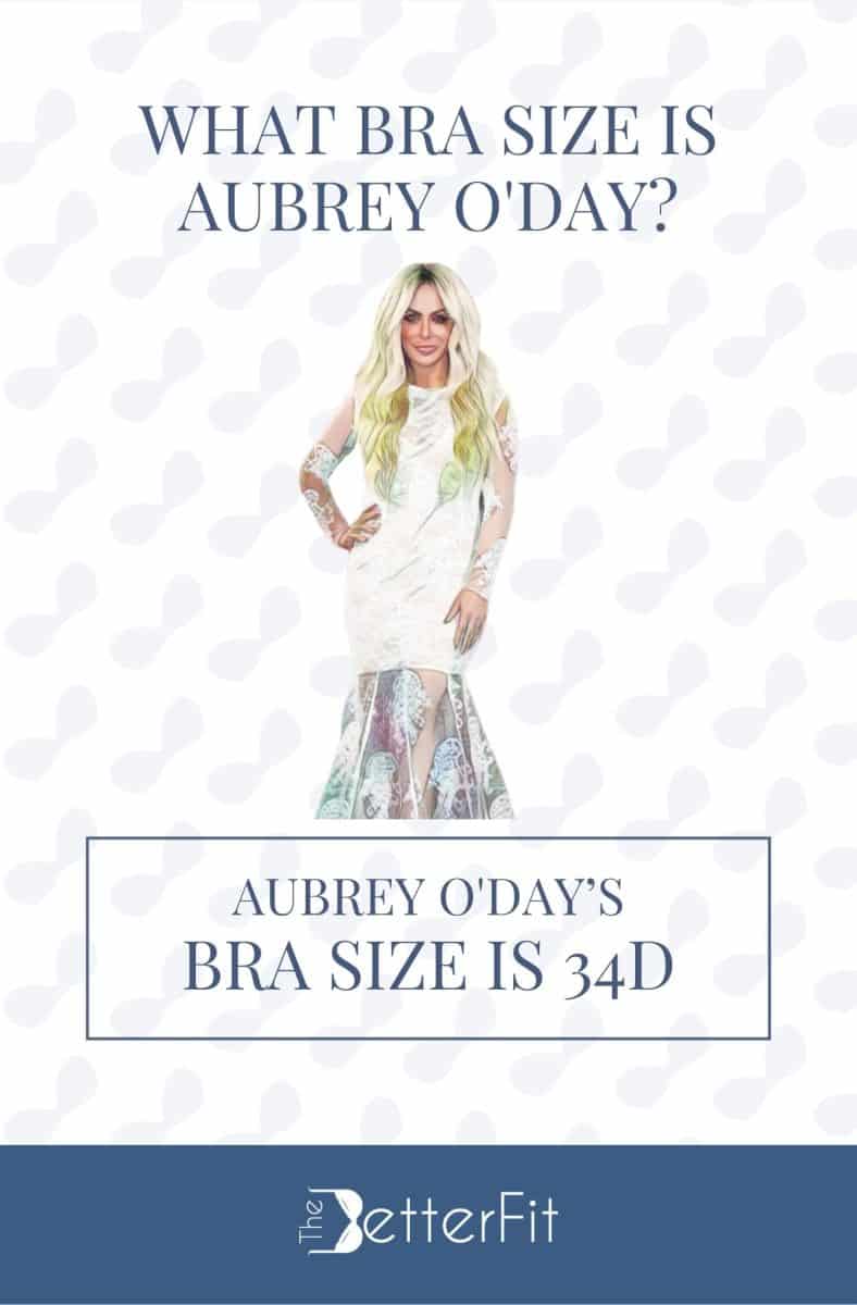 Graphic image of Aubrey O'Day with 34D bra size wearing a white long-sleeve lace gown
