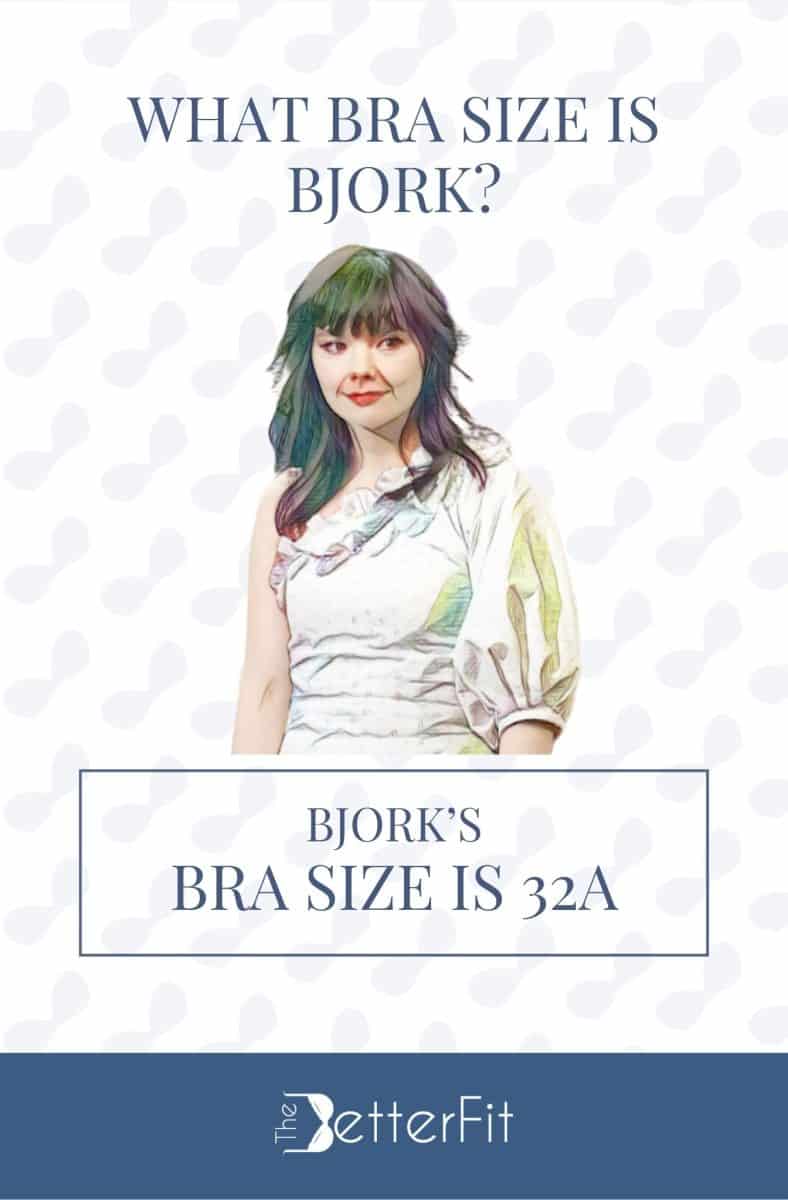 Graphic image of Bjork with 32A bra size wearing a white one-shoulder dress