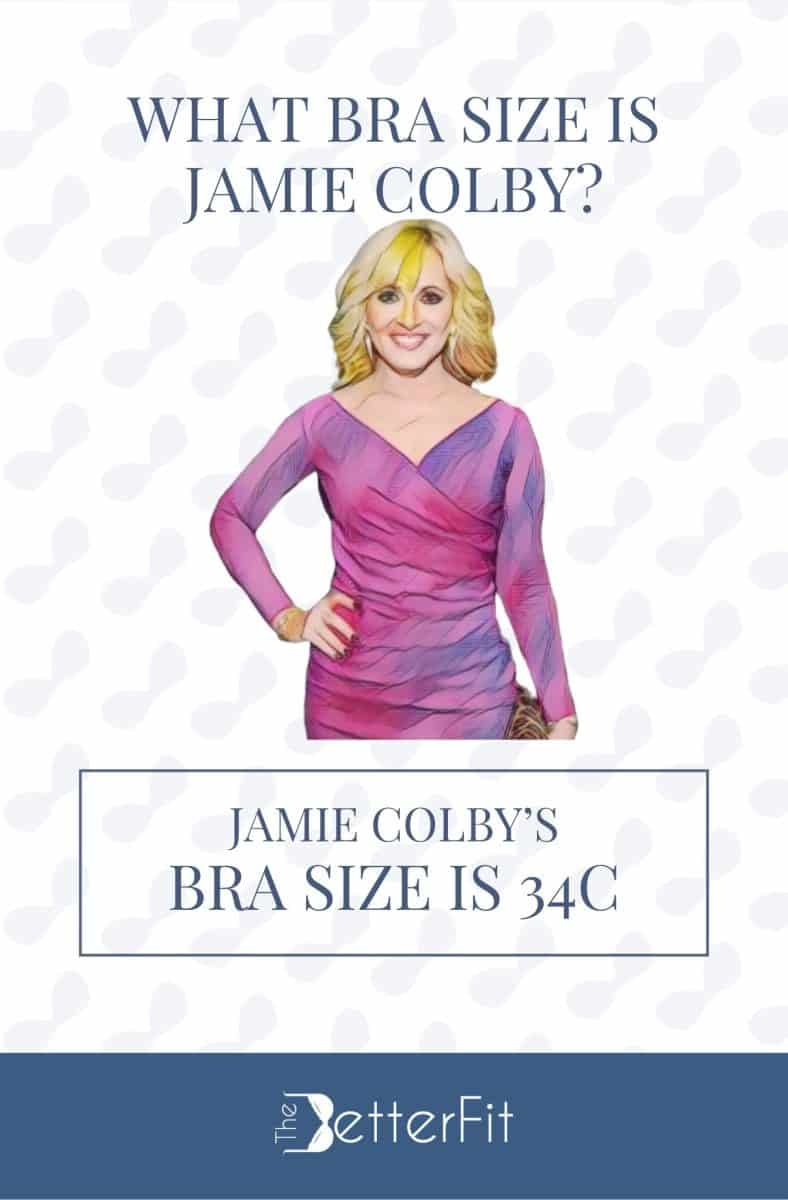 Graphic image of Jamie Colby with 34C bra size wearing a pink long-sleeve dress