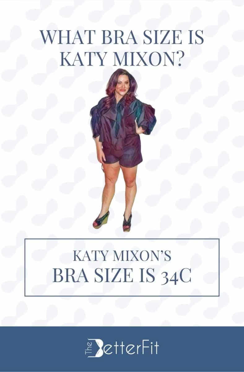 Graphic image of Katy Mixon with 34C bra size wearing a black blouse and shorts
