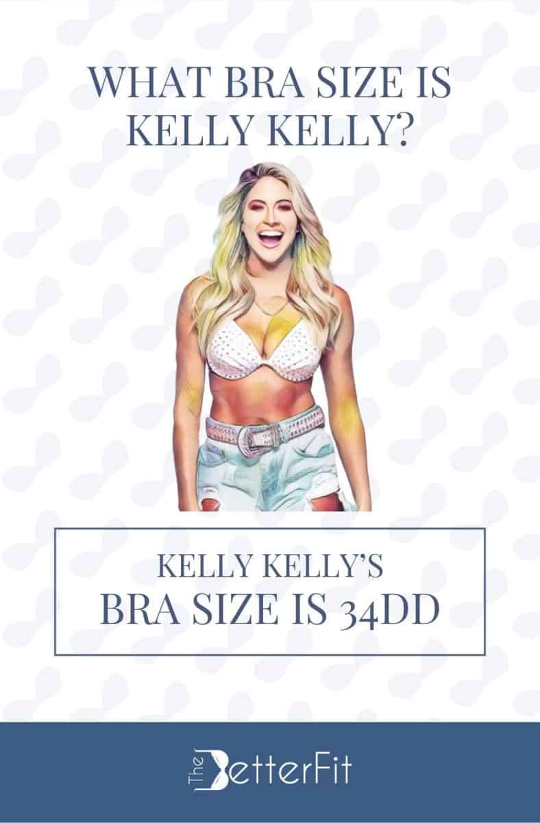 Graphic image of Kelly Kelly with 34DD bra size wearing a white bra and denim shorts