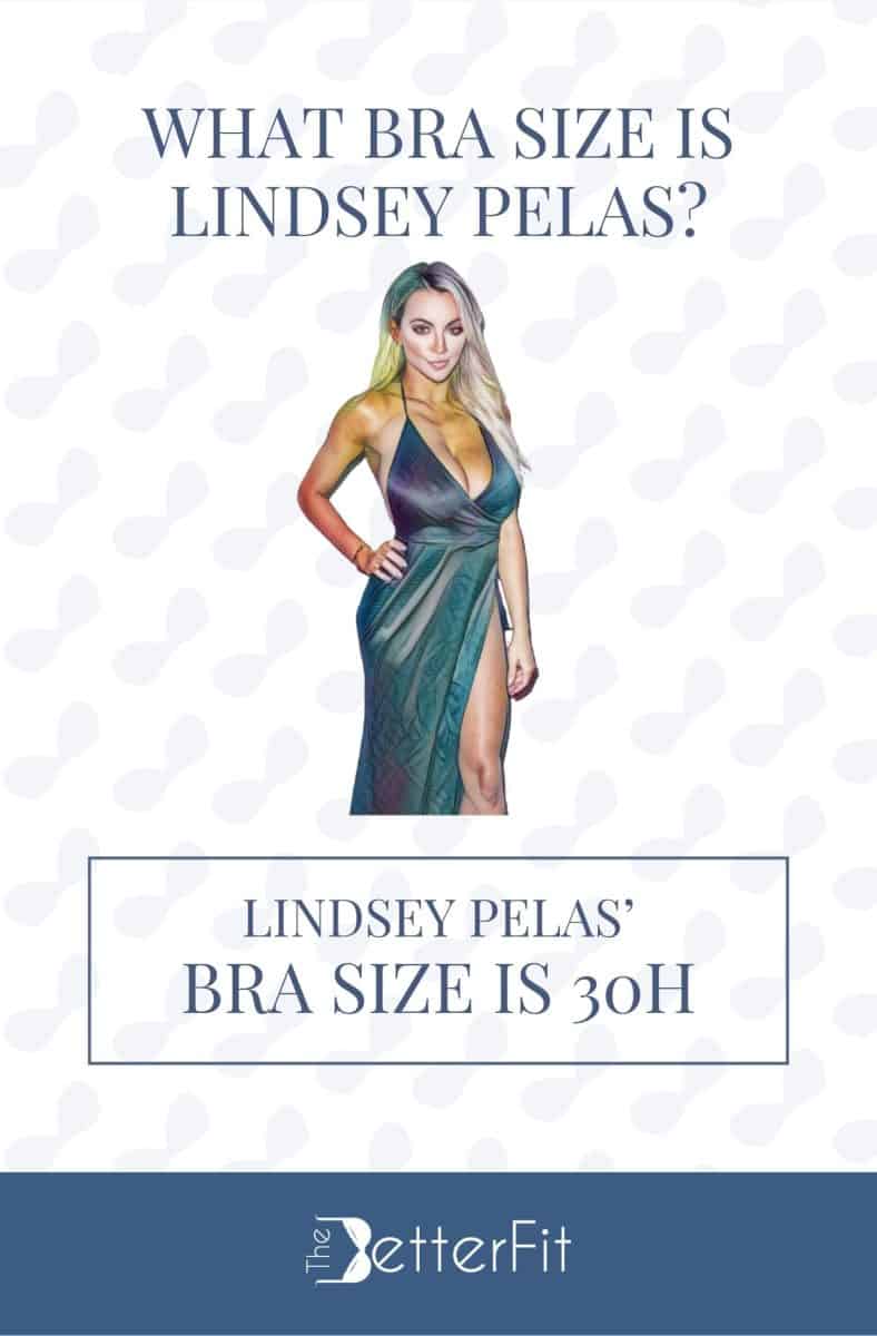 Graphic image of Lindsey Pelas with 30H bra size wearing a spaghetti strap v-neck dress with a high slit