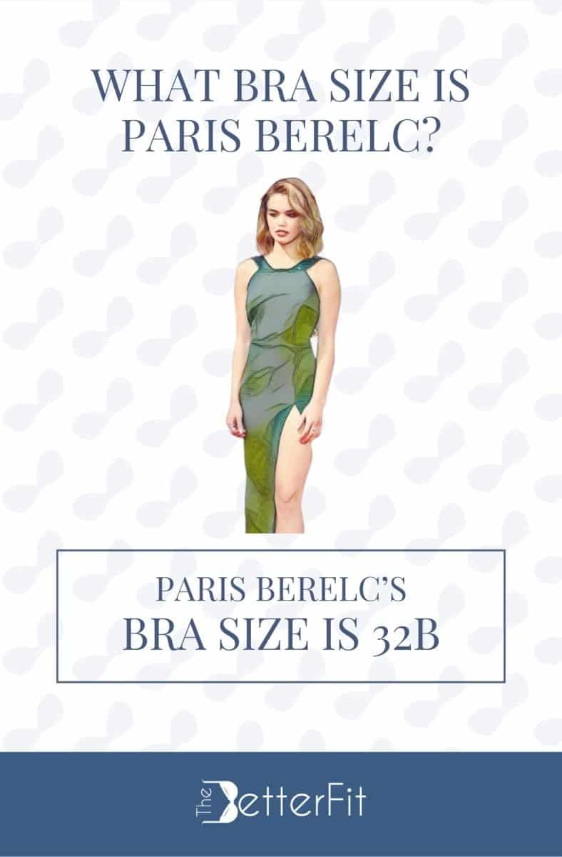 Graphic image of Paris Berelc with 32B bra size wearing a green sleeveless dress with a high slit