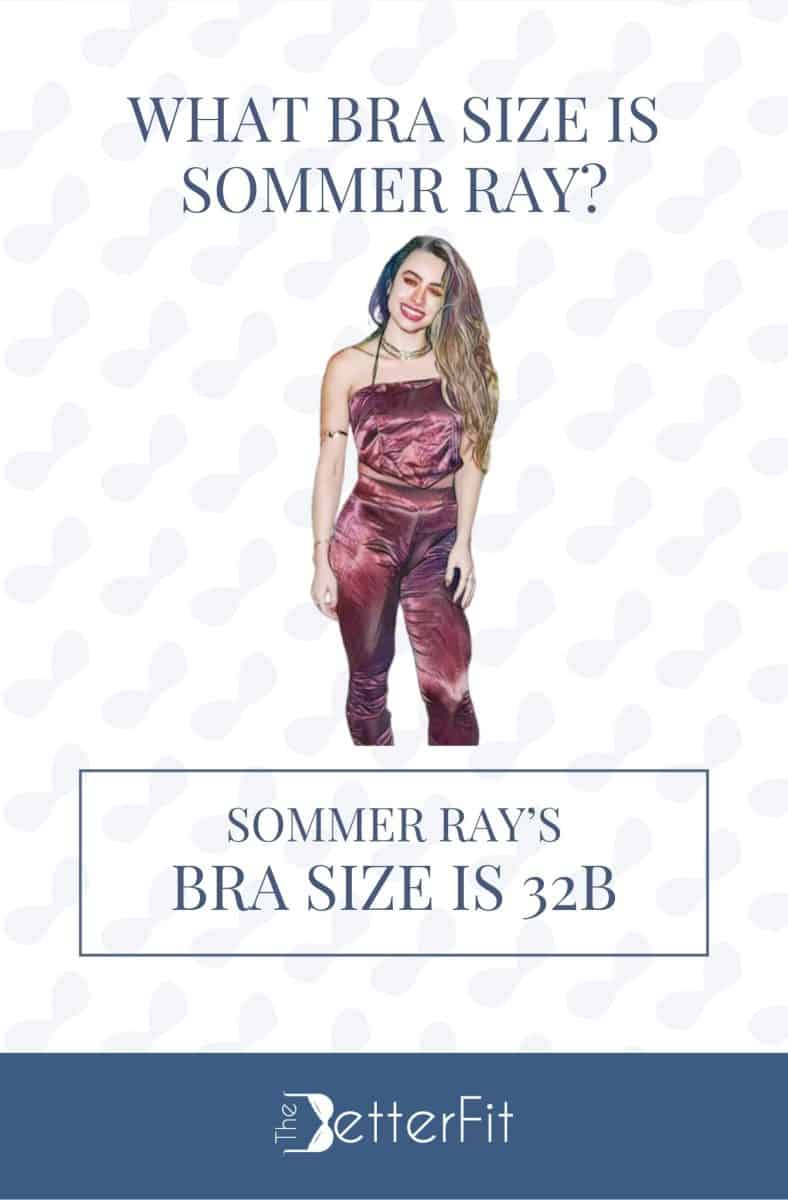 Graphic image of Sommer Ray with 32B bra size wearing a red spaghetti strap blouse and red pants