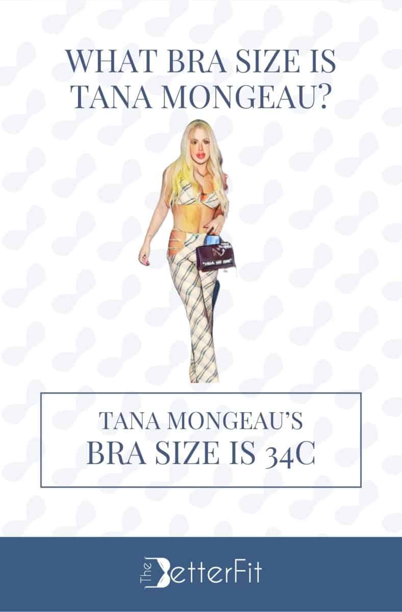 Graphic image of Tana Mongeau with 34C bra size wearing a bra and pants while holding a black bag