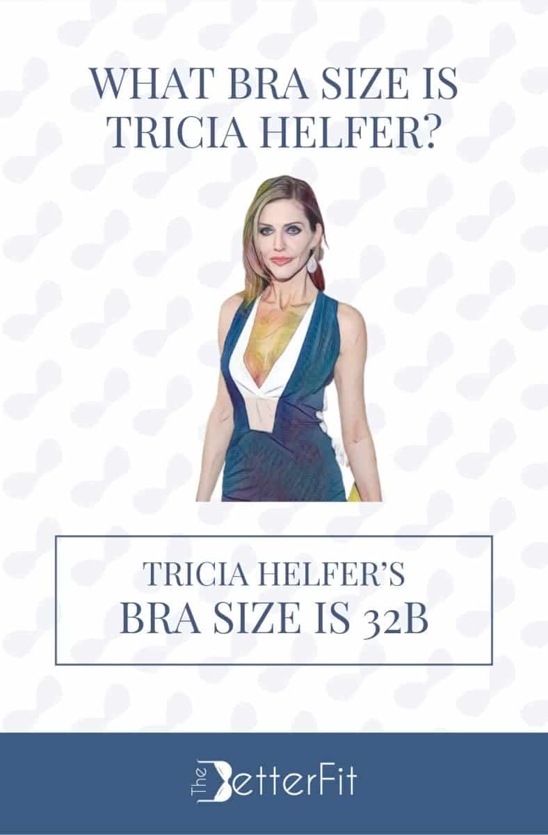 Graphic image of Tricia Helfer with 32B bra size wearing a v-neck sleeveless dress