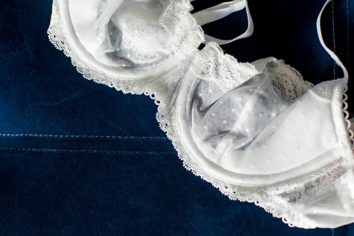 Close up photo of a white balconette bra